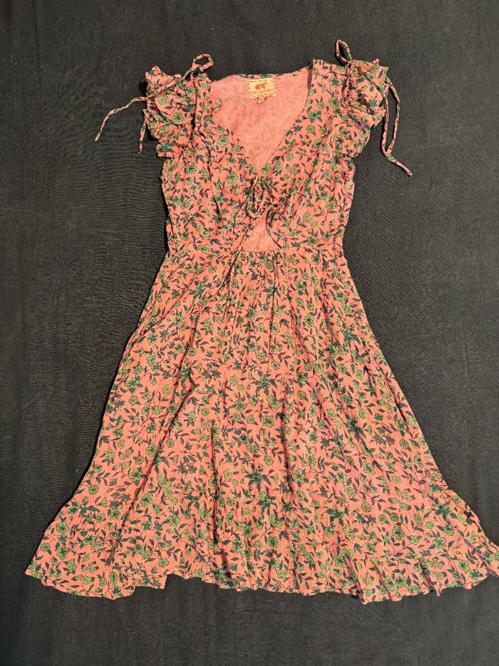Banjanan Pink Green Floral Cotton Tie Shoulder Ruffle Midi Dress Size S